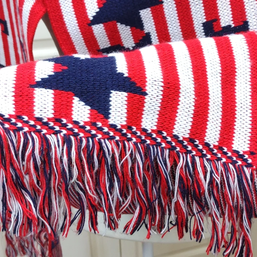 Knitmakers United States of America Blue Star Red White Stripe Fringe Long Scarf